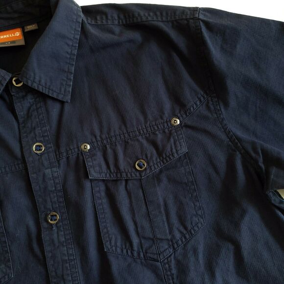 MERRELL navy blue button front down short sleeve pocket casual outdoorsy shirt L - Picture 4 of 9